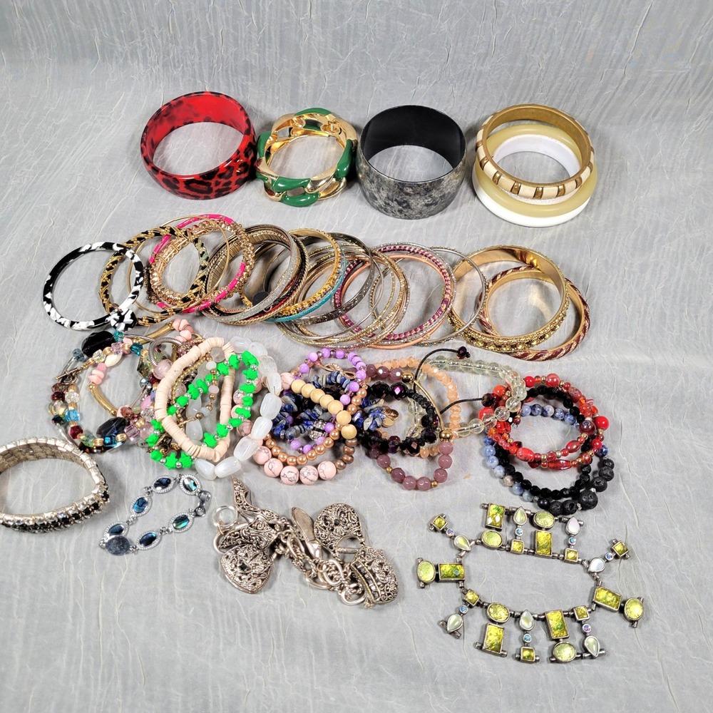 Large Lot Bangle Bracelet Cuff Multicolor Metal Acrylic Glass Beaded Dealer Lot